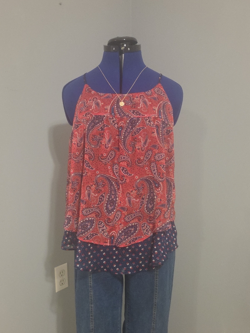Faded Glory Red Paisley Layered Tank with Navy Hem